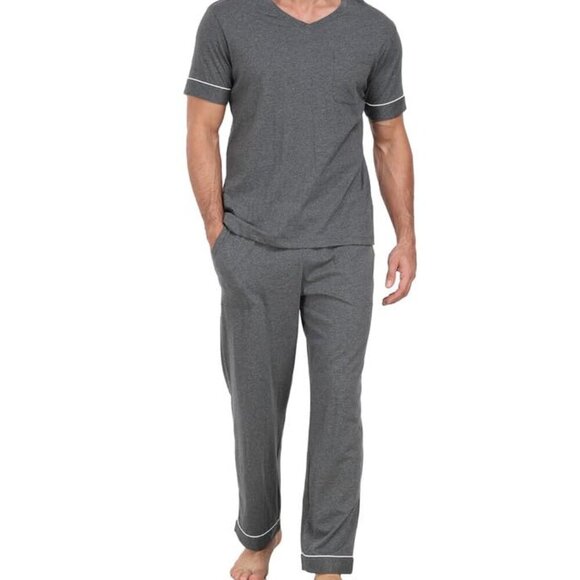 Men's Cotton Sleepwear Set V-Neck Short Sleeve Comfy Pajamas Lounge Pants